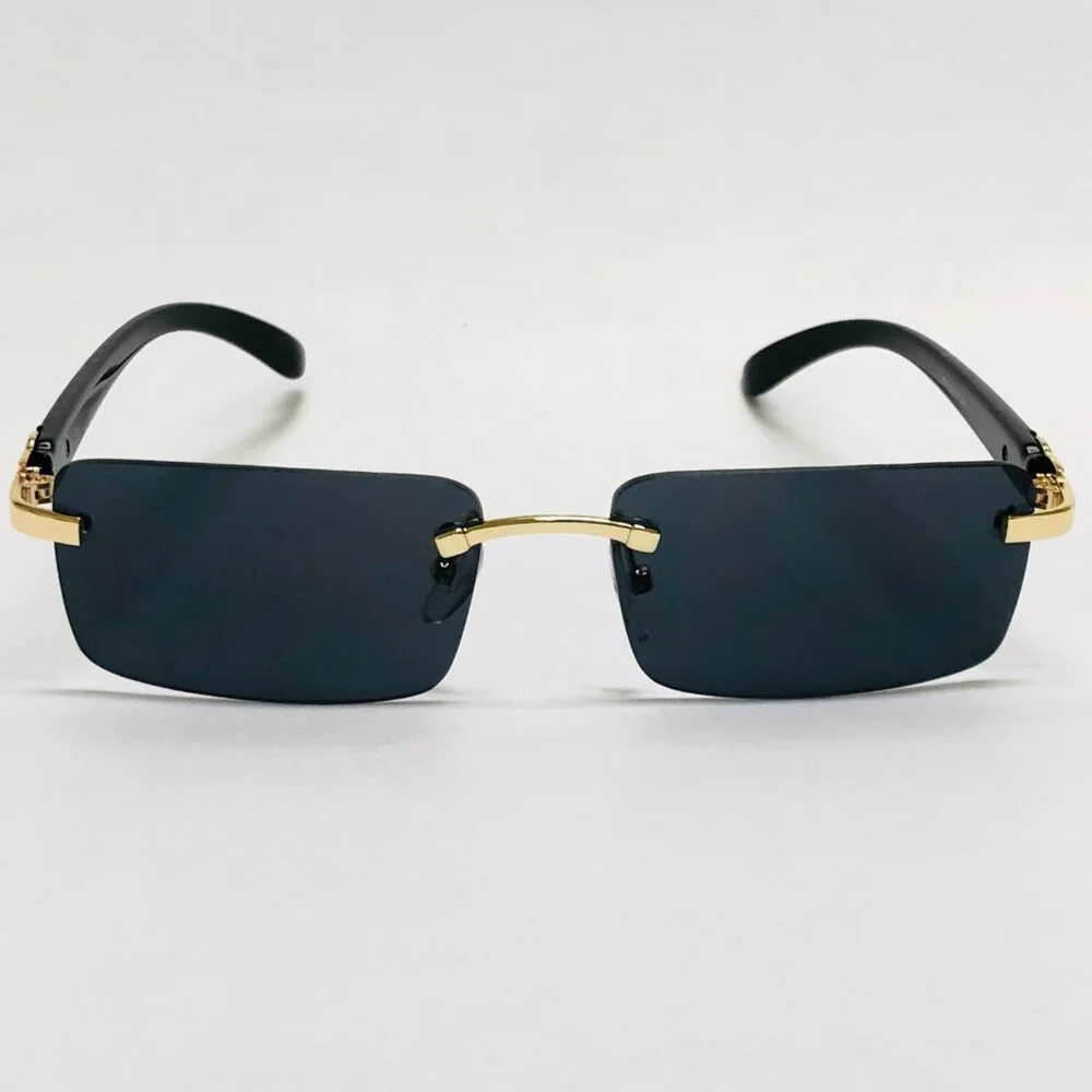 Men Sunglasses Hip Hop Shades Metal Gold Rimless Black‎ Lens Outdoor Street Wear